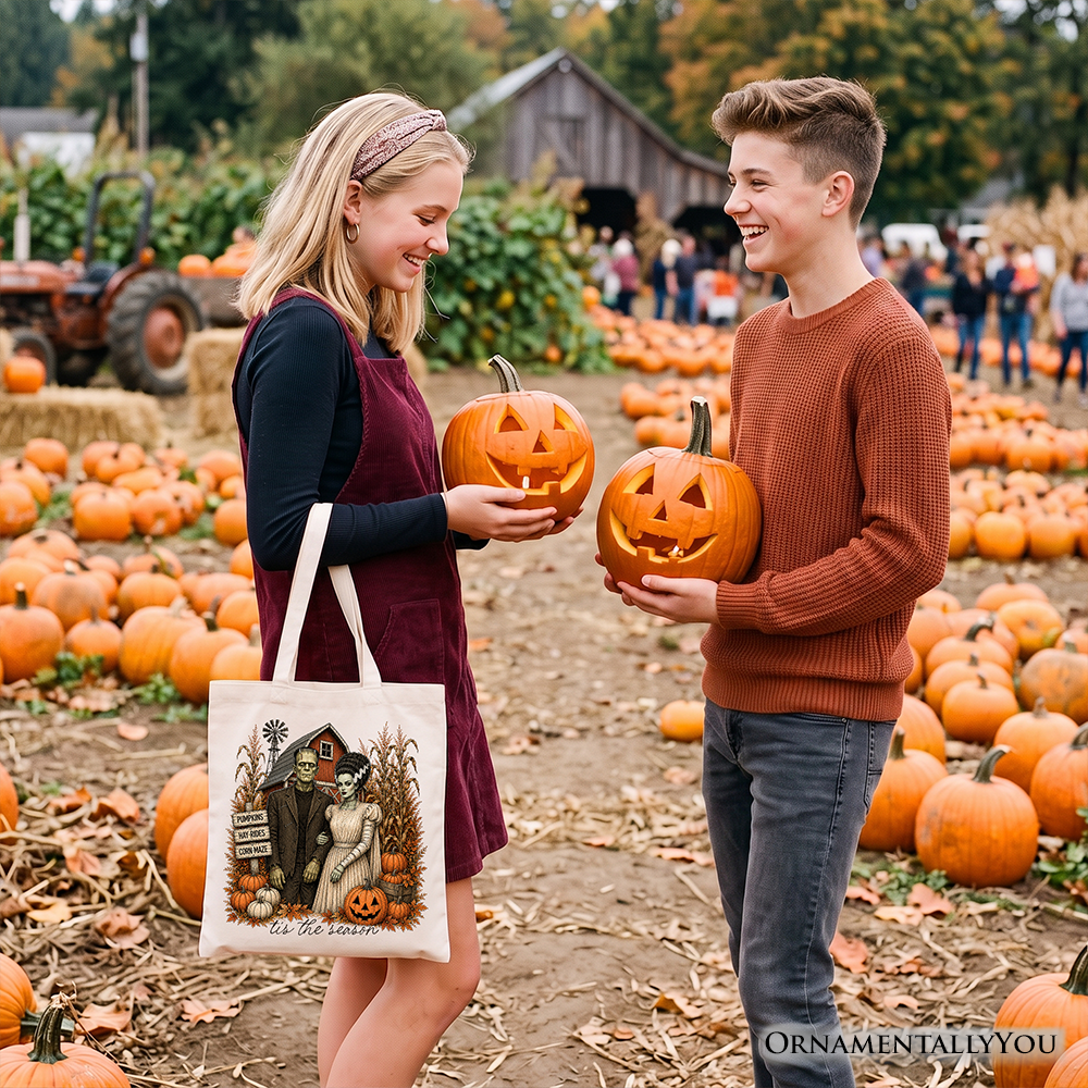 Frankenstein Couple Pumpkin Patch Tote Bag, Vintage Halloween Fall Festival Gift Shopper