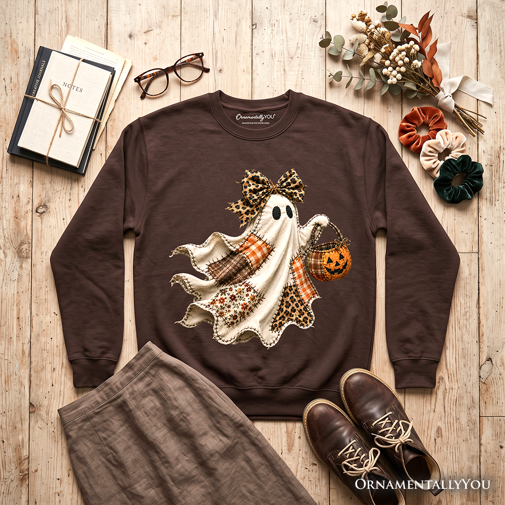 Patchwork Ghost with Leopard Bow Sweatshirt, Rustic Halloween Pumpkin Trick or Treat Sweater