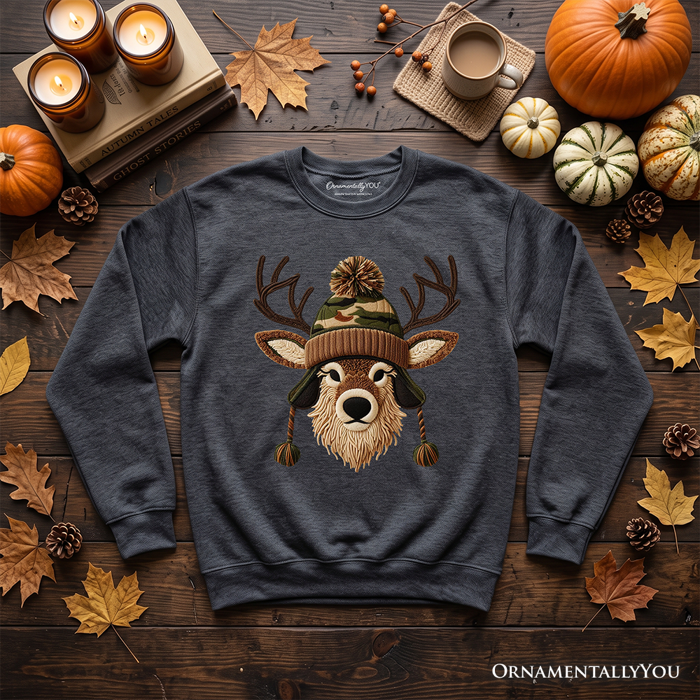 Deer Head Camo Hat Christmas Sweatshirt, Imitation Latch Hook Yarn Cozy Hunting Season Sweater