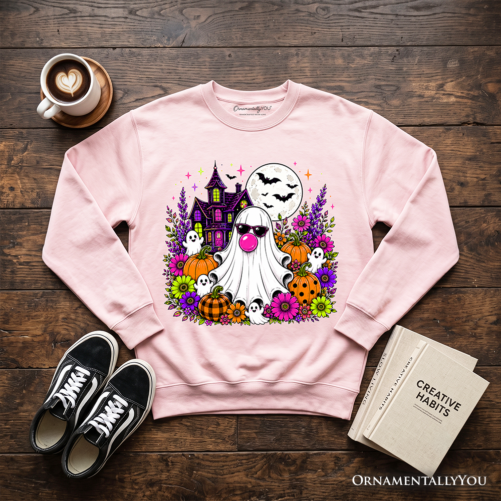 Bubblegum Ghost Haunted House Sweatshirt, Colorful Floral Halloween Pumpkin Sweater