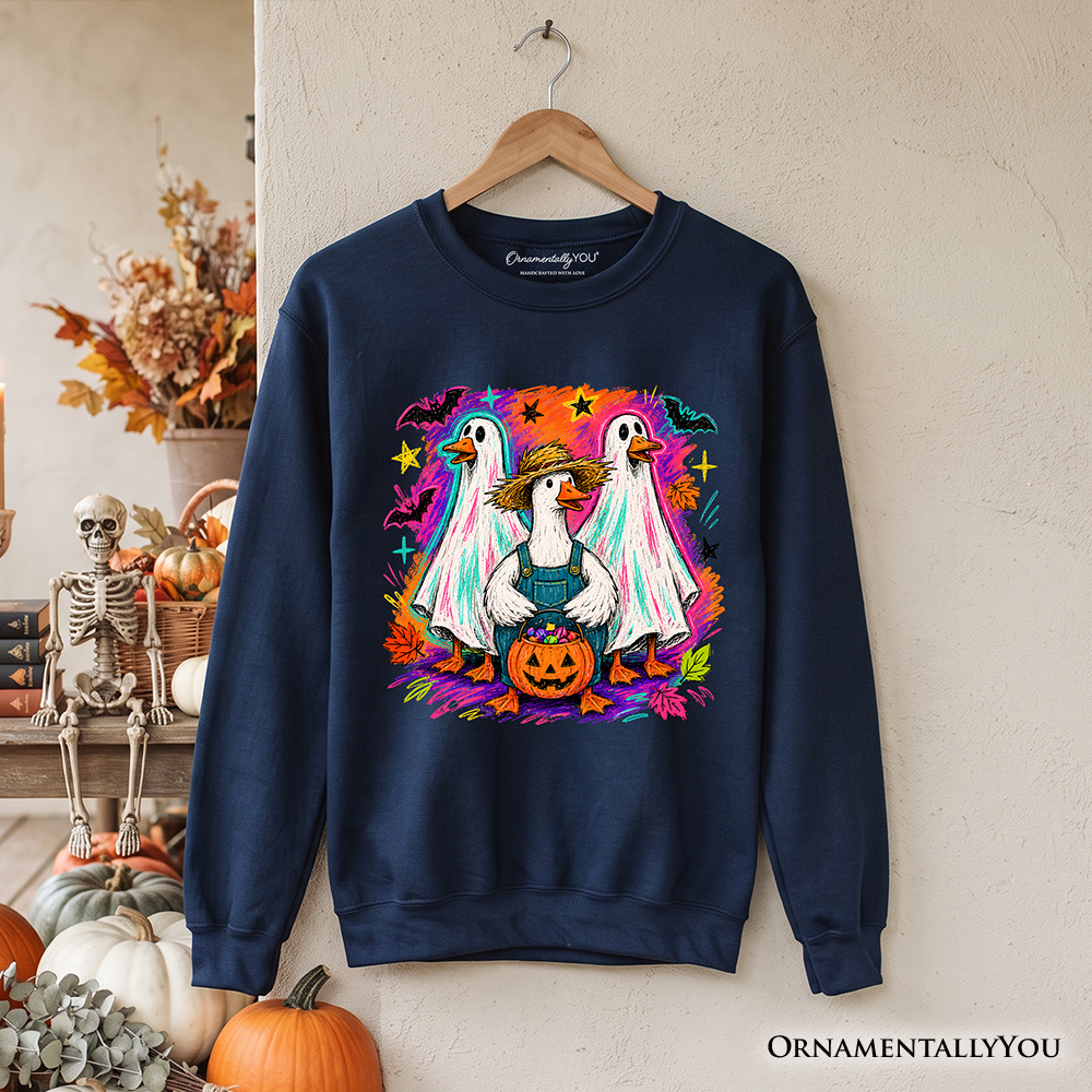 Trick or Treat Geese Sweatshirt, Colorful Halloween Ghost Costume Sweater