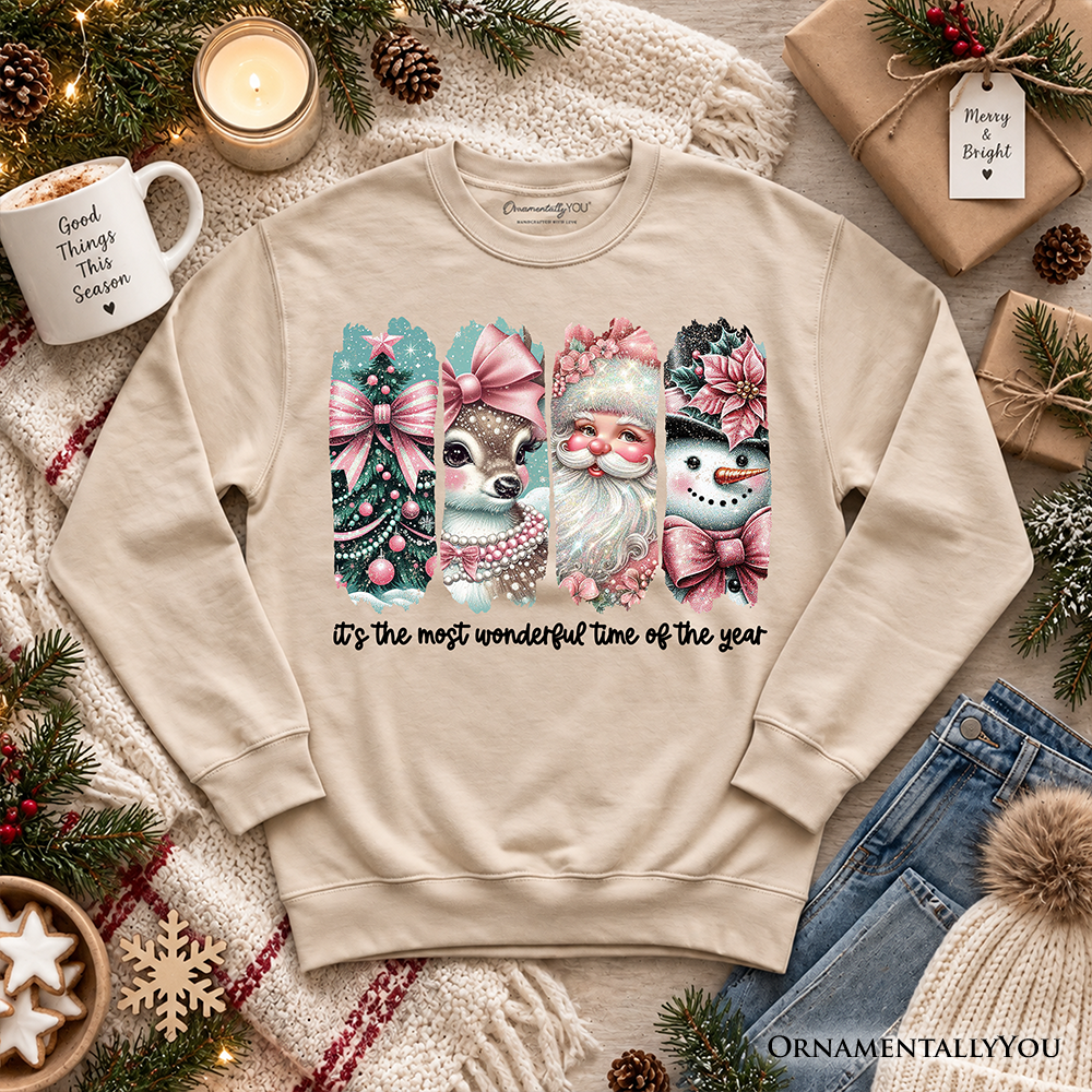 Coquette Pink Christmas Sweatshirt, It's The Most Wonderful Time Of The Year Vintage Tree, Reindeer, Santa and Snowman Sweater