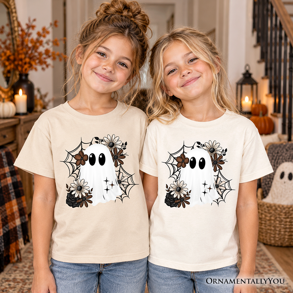 Kids Floral Ghost T-Shirt, Neutral Boho Halloween Spider Web Youth Tee