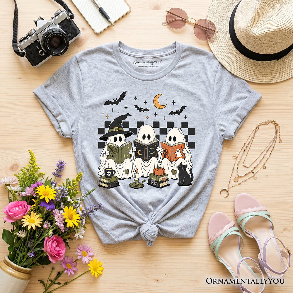 Kids Bookish Ghosts Reading T-Shirt, Checkered Halloween Witch Cat Youth Tee