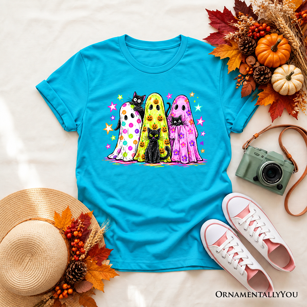 Kids Colorful Ghosts and Black Cats T-Shirt, Neon Halloween Spooky Season Youth Tee