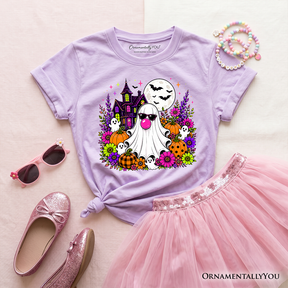 Kids Bubblegum Ghost Haunted House T-Shirt, Colorful Floral Halloween Pumpkin Youth Tee
