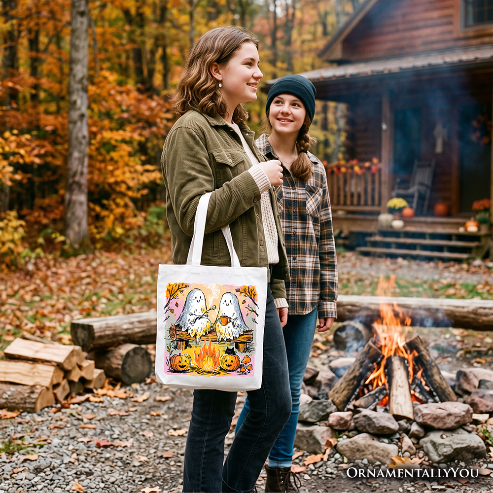 Cozy Campfire Ghosts Tote Bag, Fall Halloween Pumpkin Gift Shopper