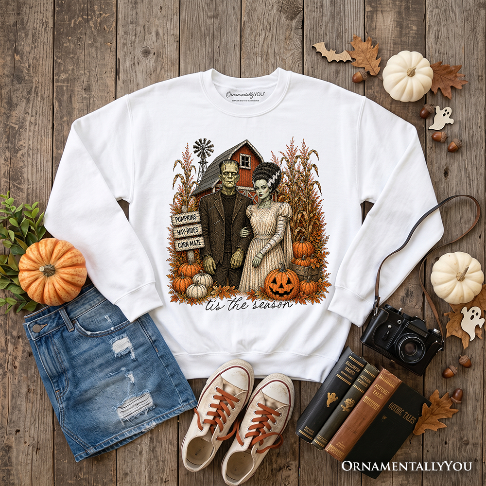 Frankenstein Couple Pumpkin Patch Sweatshirt, Vintage Halloween Fall Festival Sweater