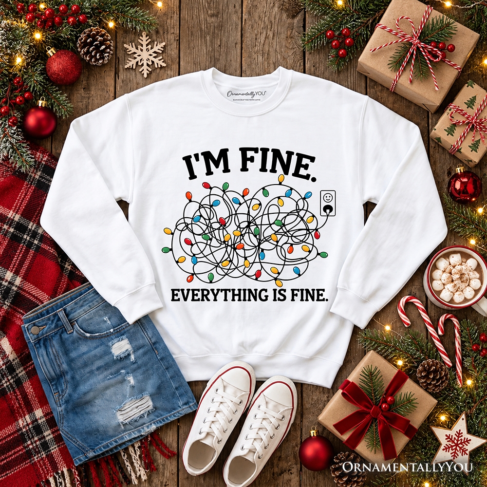 I'm Fine Christmas Lights Sweatshirt, Funny Holiday Humor Sweater for Stressed Festive People