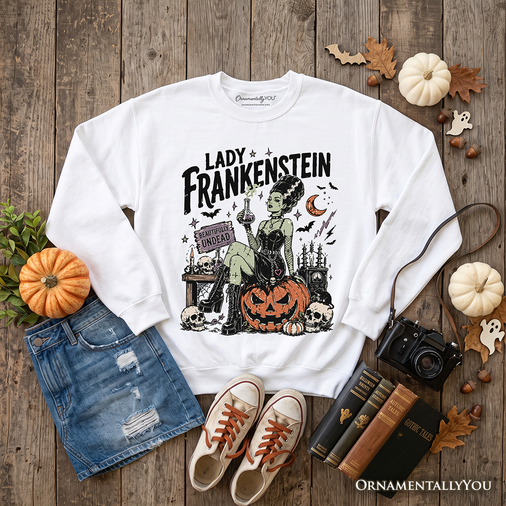 Lady Frankenstein Sweatshirt, Vintage Gothic Beautifully Undead Halloween Sweater