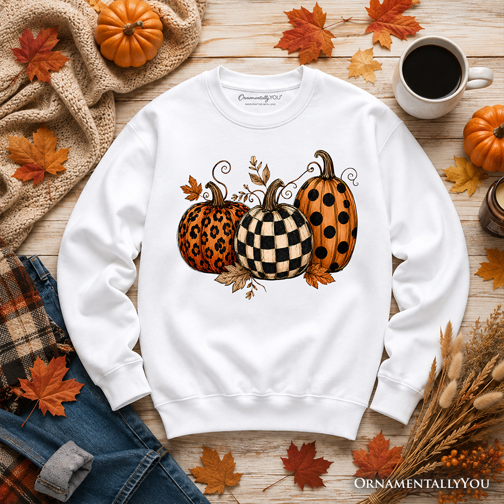 Leopard Checkered Pumpkin Sweatshirt, Autumn Fall Sweater