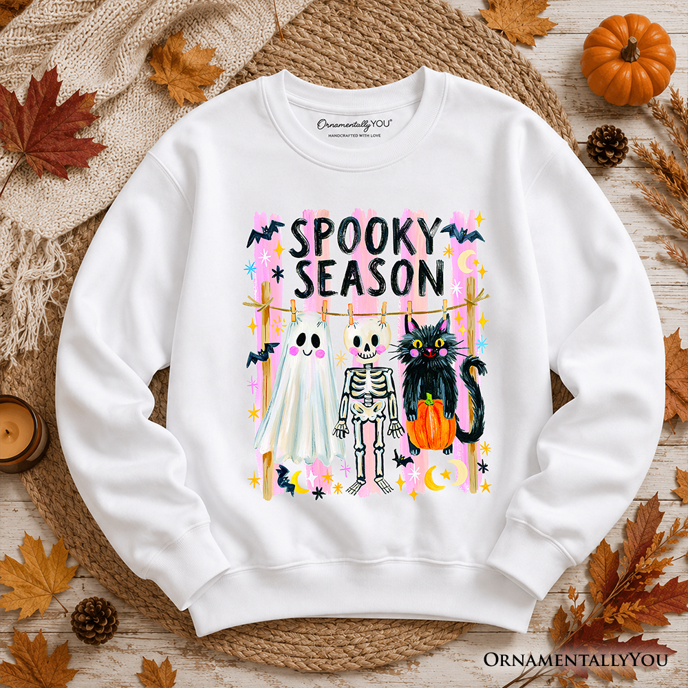 Spooky Season Ghost Skeleton Cat Sweatshirt, Colorful Halloween Costume Sweater