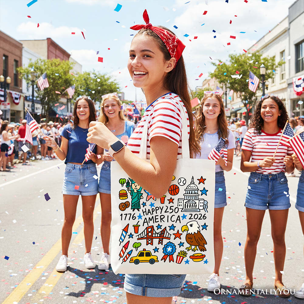 Happy 250 America Doodle Tote Bag, Patriotic USA 1776-2026 250th Anniversary Gift Shopper