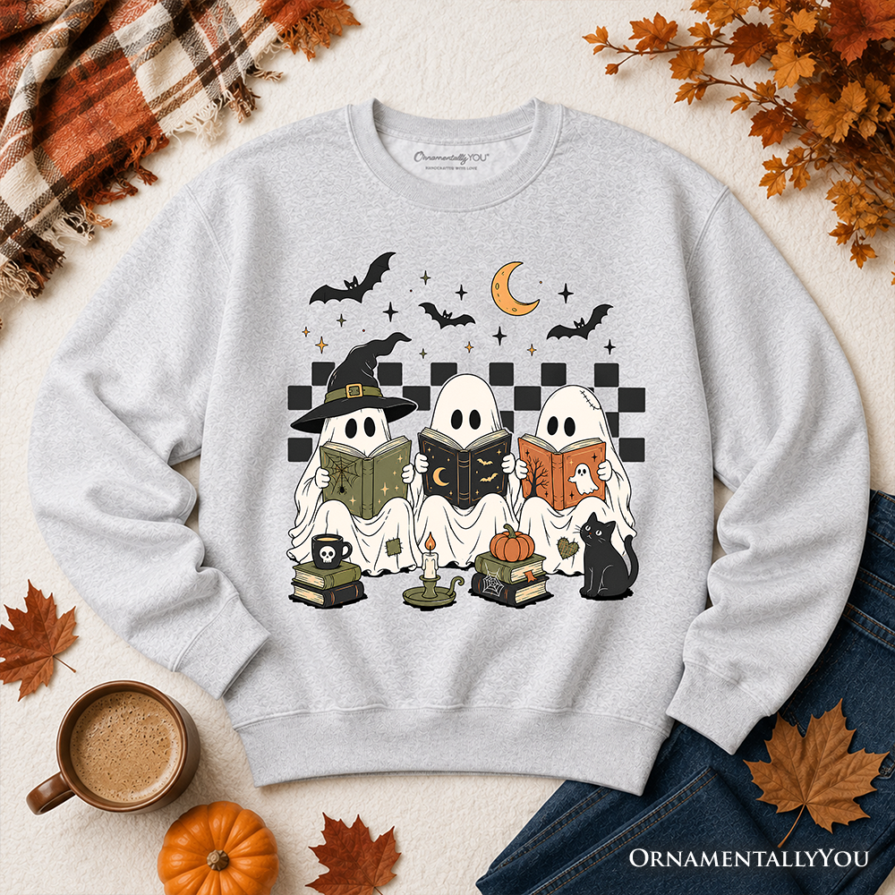 Bookish Ghosts Reading Sweatshirt, Checkered Halloween Witch Cat Sweater