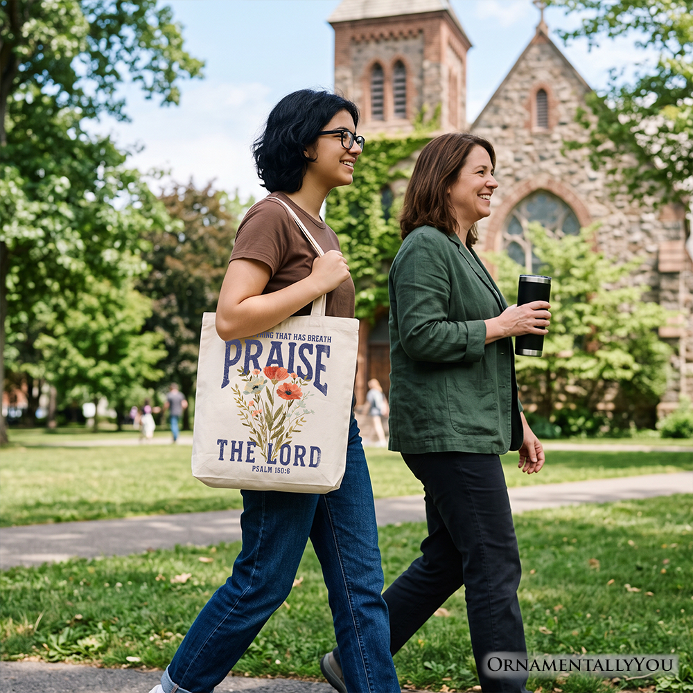 Praise the Lord Floral Christian Tote Bag, Psalm 150:6 Religious Faith Gift Shopper