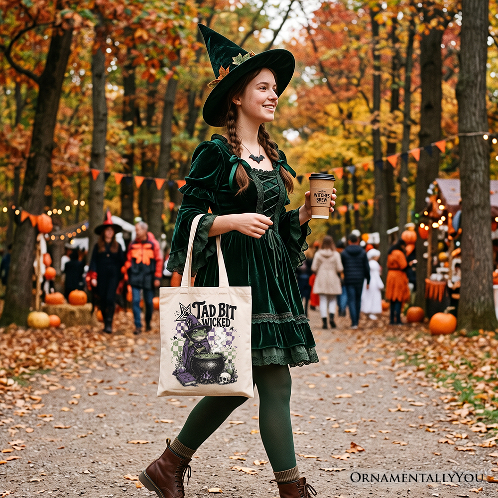 Tad Bit Wicked Frog Witch Tote Bag, Spooky Halloween Cauldron Gift Shopper