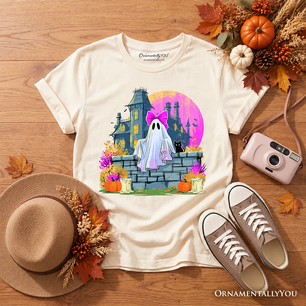 Haunted House Ghost Kids T-Shirt, Coquette Bow Halloween Tee for Youth Girls