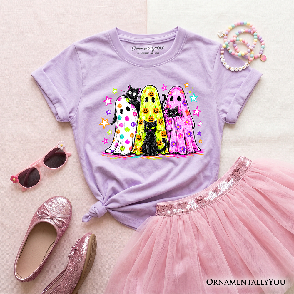 Kids Colorful Ghosts and Black Cats T-Shirt, Neon Halloween Spooky Season Youth Tee