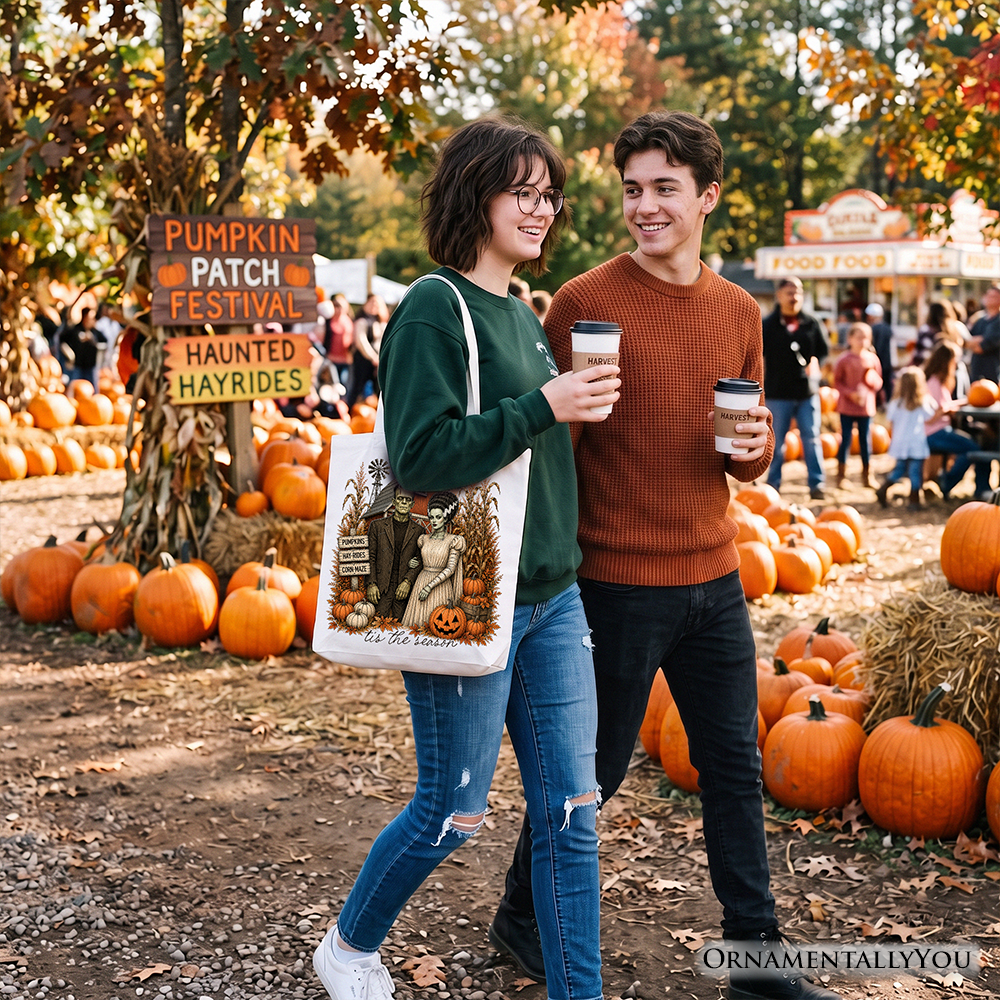 Frankenstein Couple Pumpkin Patch Tote Bag, Vintage Halloween Fall Festival Gift Shopper