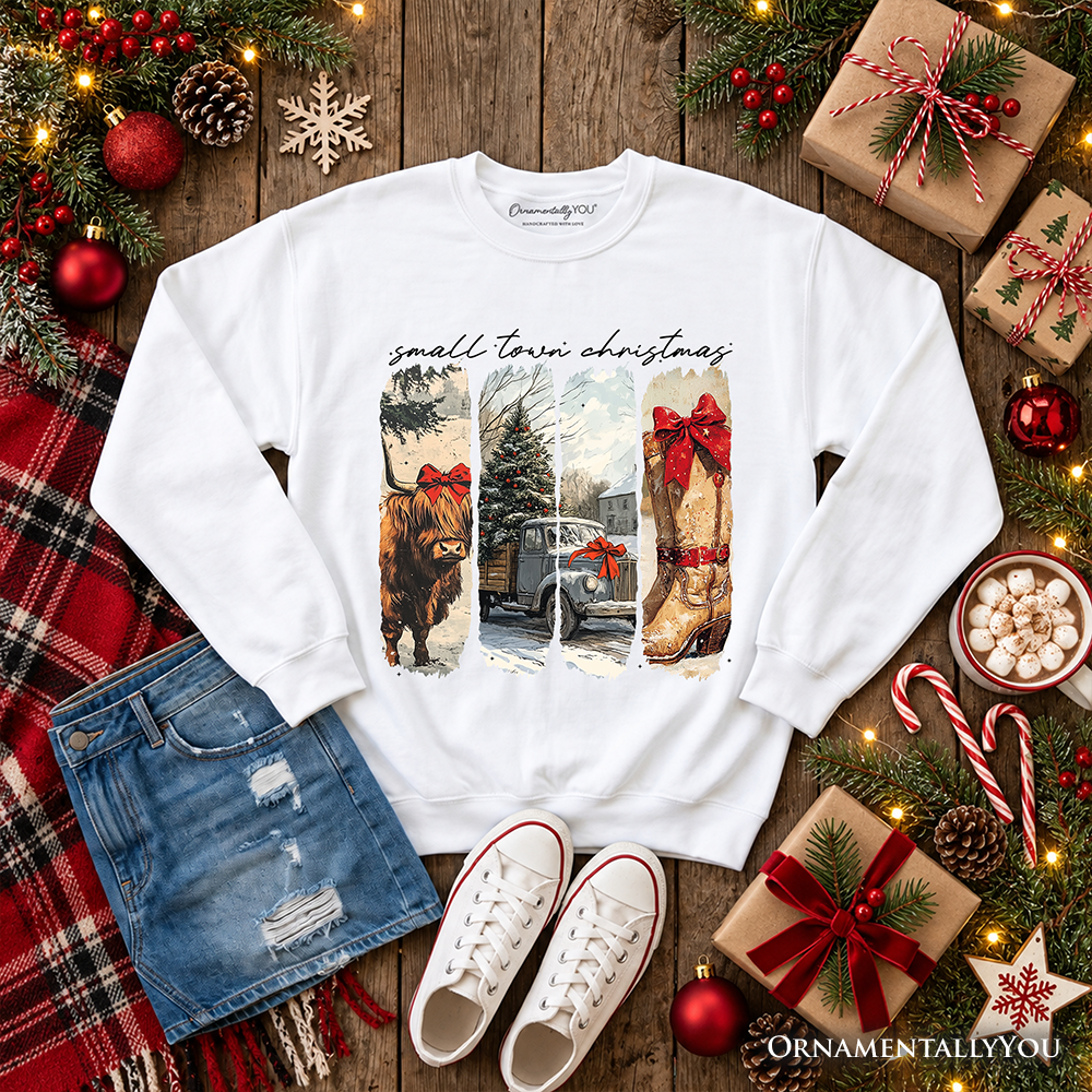 Small Town Christmas Sweatshirt, Highland Cow Rustic Western Cowgirl Holiday Sweater