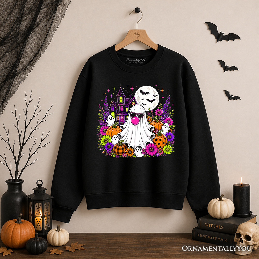 Bubblegum Ghost Haunted House Sweatshirt, Colorful Floral Halloween Pumpkin Sweater