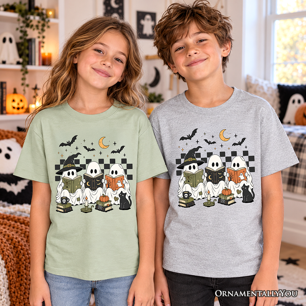 Kids Bookish Ghosts Reading T-Shirt, Checkered Halloween Witch Cat Youth Tee