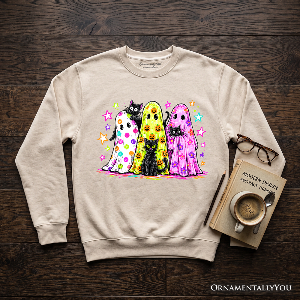 Colorful Ghosts and Black Cats Sweatshirt, Neon Halloween Spooky Season Sweater