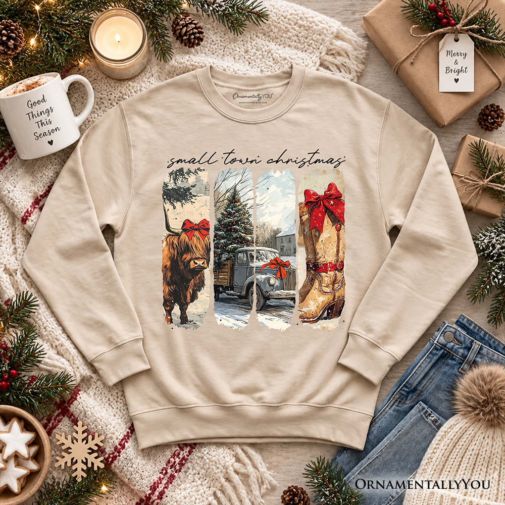 Small Town Christmas Sweatshirt, Highland Cow Rustic Western Cowgirl Holiday Sweater
