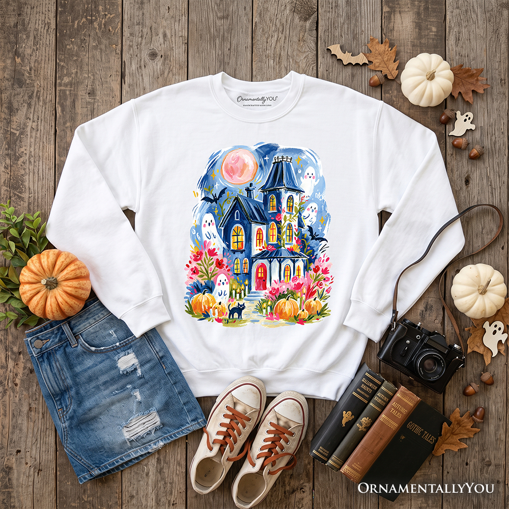 Watercolor Haunted House Sweatshirt, Colorful Ghost Pumpkin Halloween Sweater