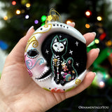 Folkloric Siamese Cat Sugar Skull Glass Ornament, Celestial Crescent Moon Halloween Decor