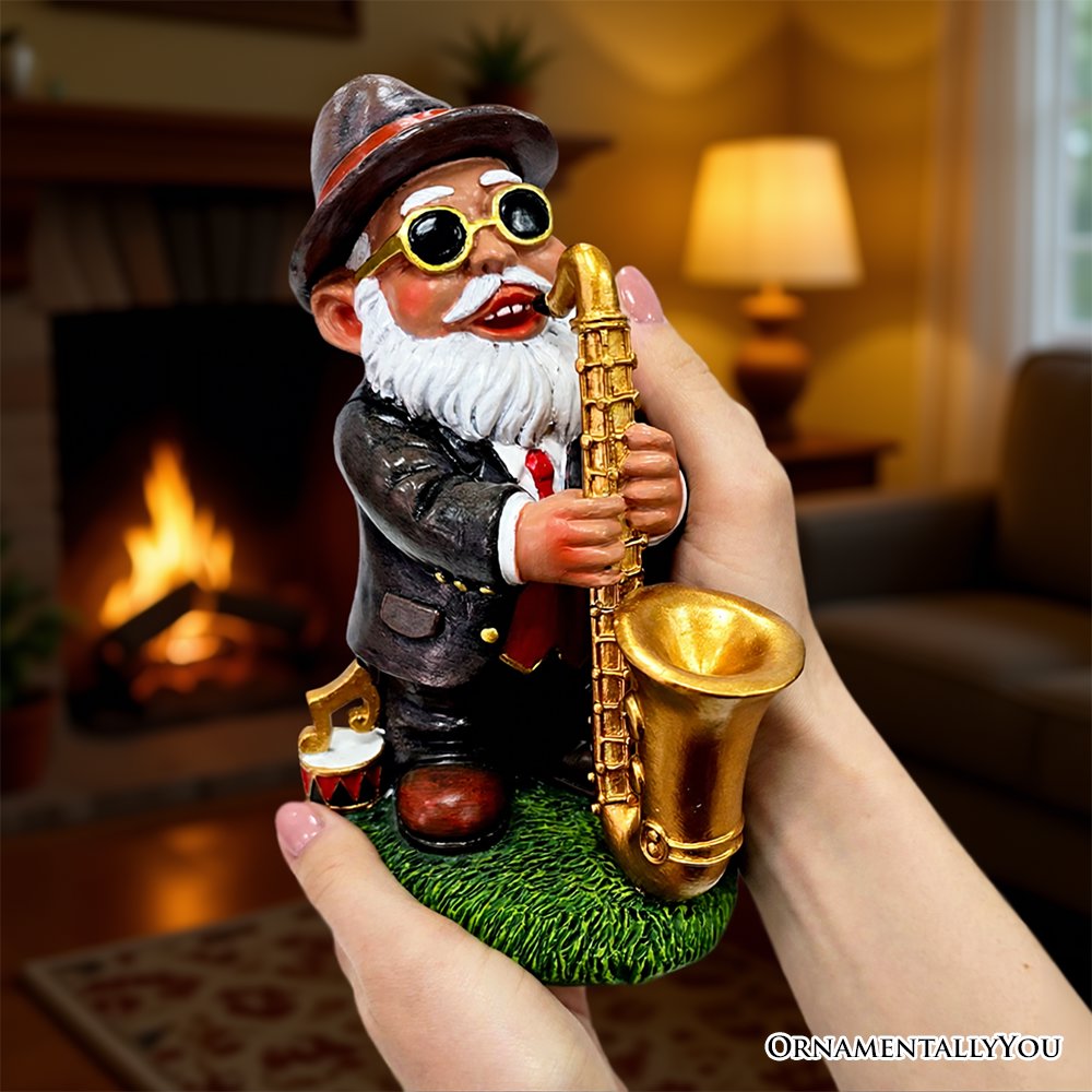Jazzy Gnome Garden Statue, 8" Music Playing Dwarf Figurine Outdoor Decor