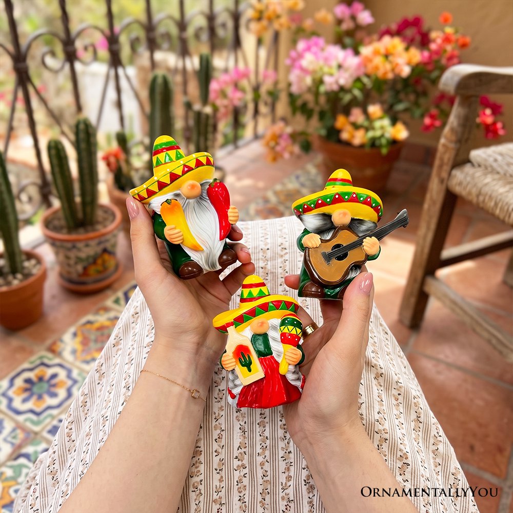 Mexican Gnome Garden Statue Set of 3, 4" Fiesta Dwarf Figurines Outdoor Decor