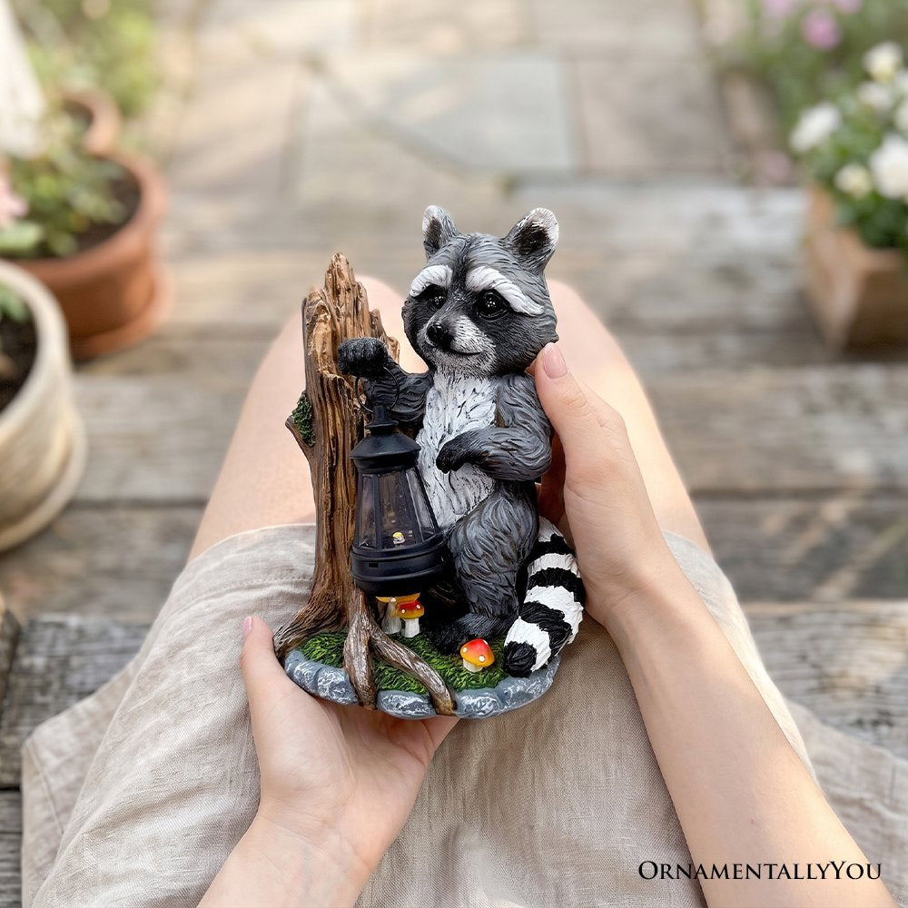 Raccoon Solar Lamp Garden Statue, 9" Lighted Animal Figurine Outdoor Decor