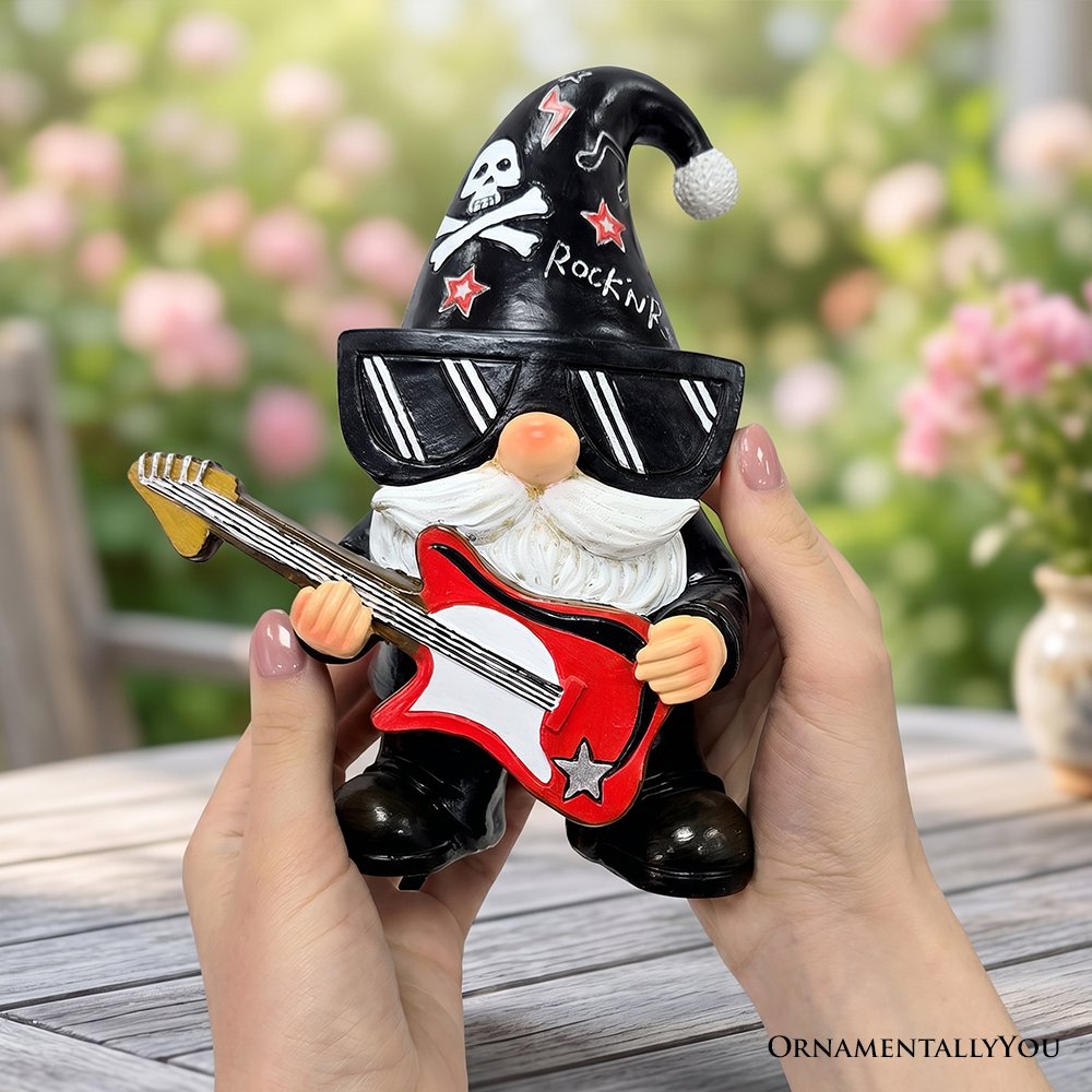 Rockstar Gnome Garden Statue, 7.5" Electric Guitar Playing Dwarf Figurine