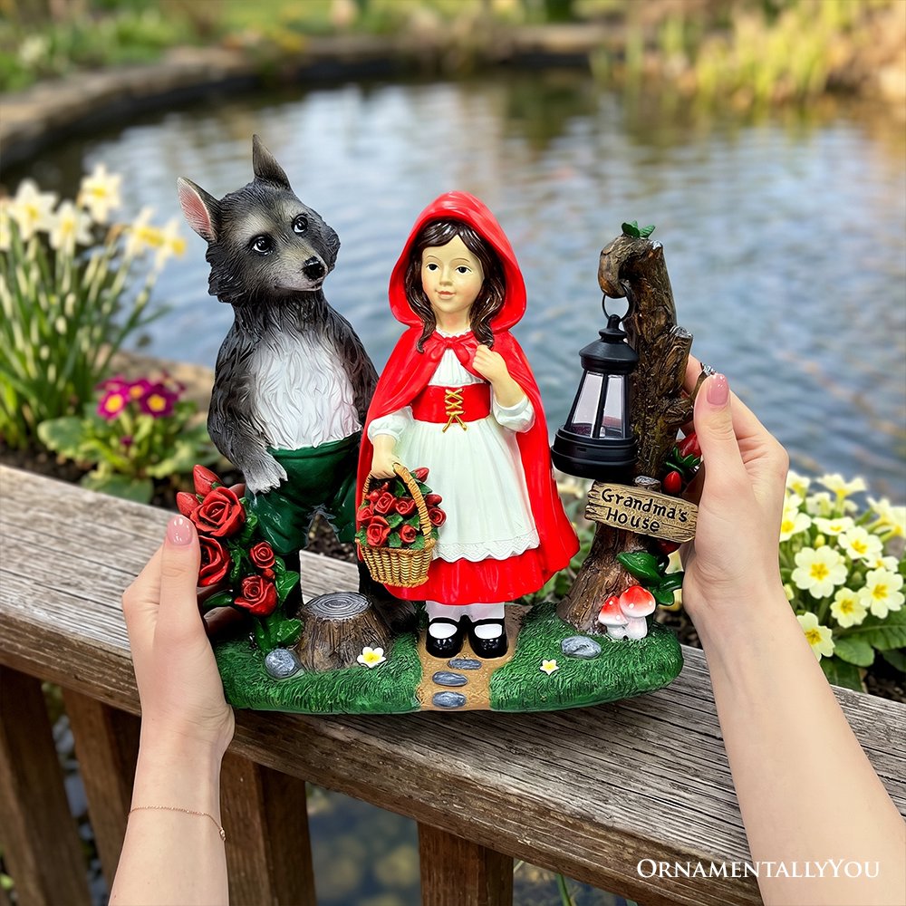 Solar Powered Little Red Riding Hood Garden Statue, 12" Lighted Fairy Tale Figurine Outdoor Decor