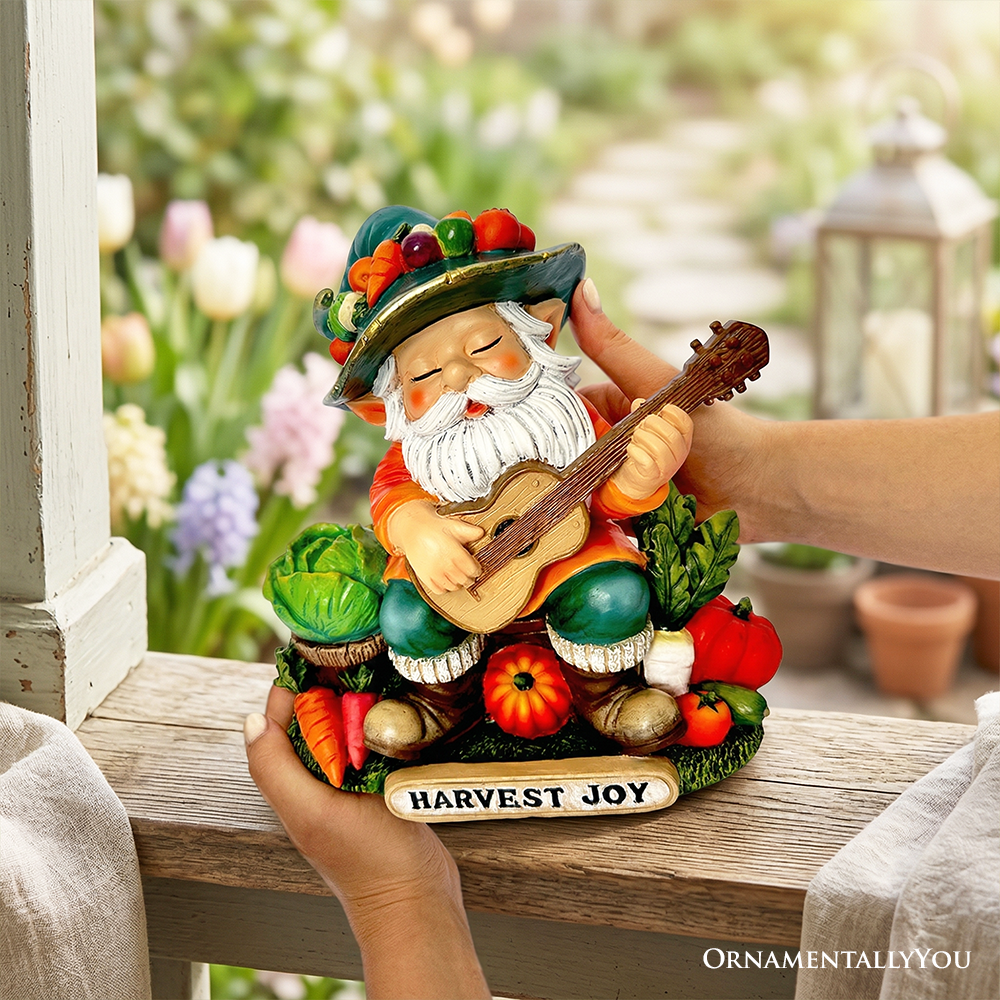 Veggie Farmer Gnome Figurine, 9" Ukulele Playing Vegetable Dwarf Garden Statue