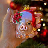 (Pre-Order) Charming Pig with Santa Hat Glass Christmas Ornament, Cute Farmhouse Tree Decor