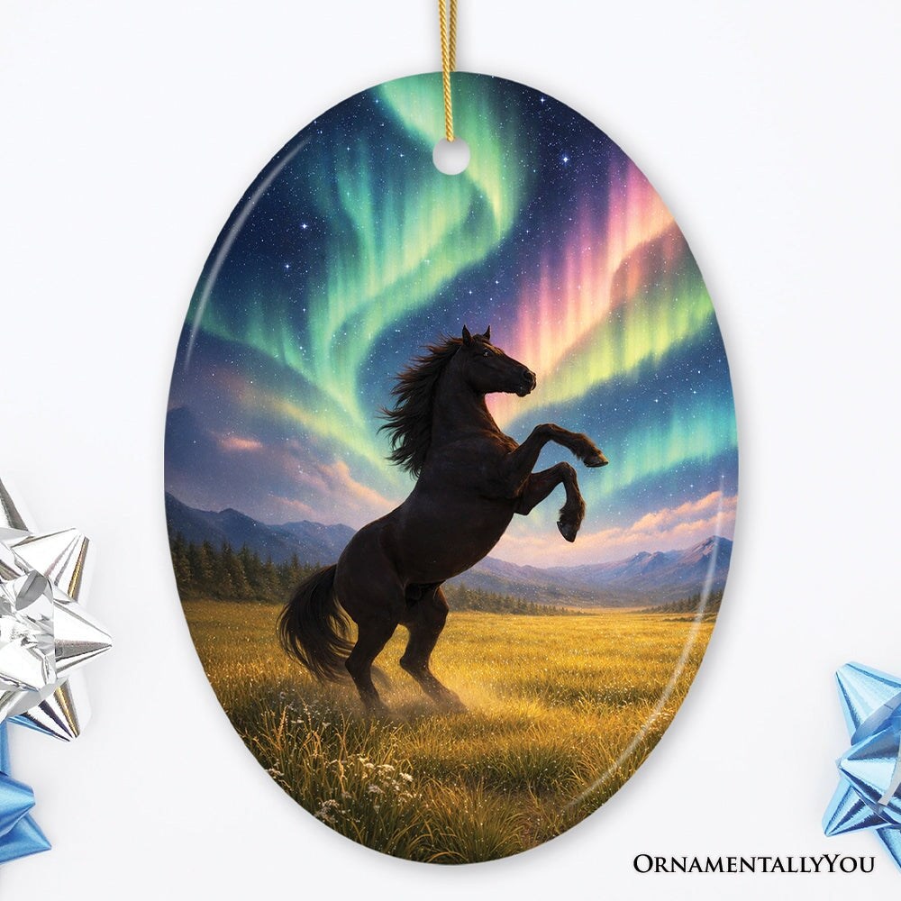Beautiful Aurora Horse Ceramic Ornament, Northern Lights Wildlife Gift and Tree Decor