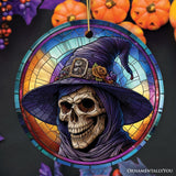 Witchy Grin Skull with Hat and Scarf Stained Glass Style Ceramic Ornament, Halloween Themed Christmas Gift and Decor