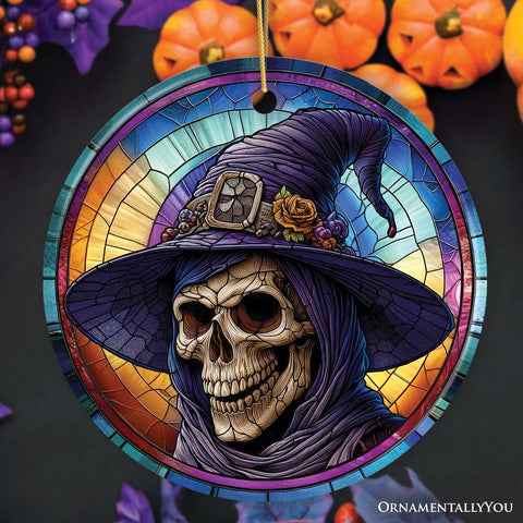 Witchy Grin Skull with Hat and Scarf Stained Glass Style Ceramic Ornament, Halloween Themed Christmas Gift and Decor