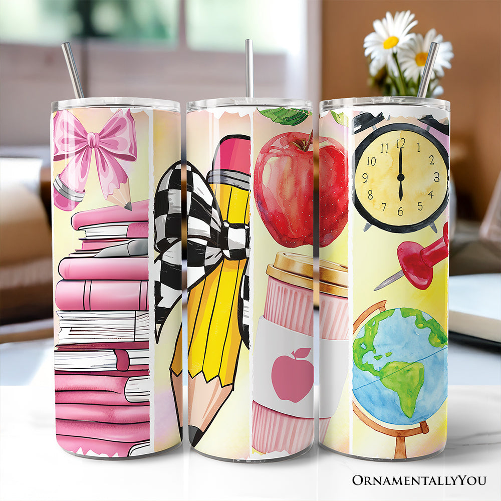 Coquette Pink Teacher 20oz Personalized Tumbler With Lid and Stainless Steel Straw, Retro School Brushstrokes Gift Cup