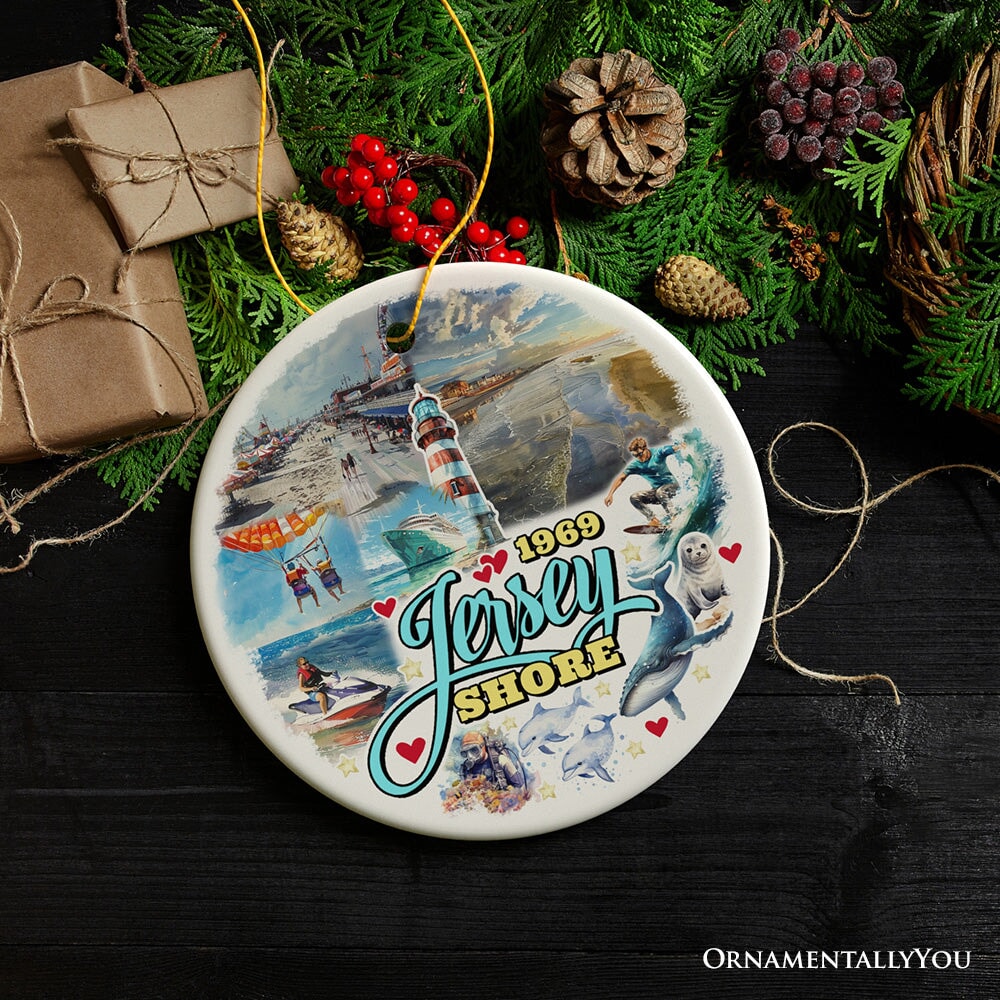 Vibrant Jersey Shore Ceramic Ornament, Tropical New Jersey Vacation in Atlantic Ocean Christmas Souvenir