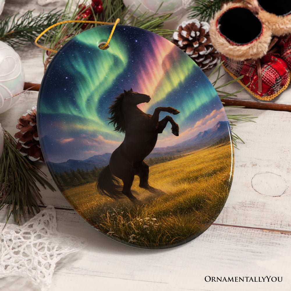 Beautiful Aurora Horse Ceramic Ornament, Northern Lights Wildlife Gift and Tree Decor