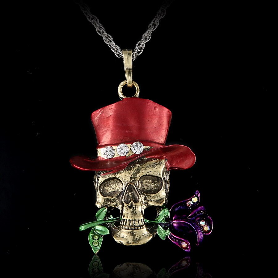Retro Skull Head Rose Flower Pendant Necklace