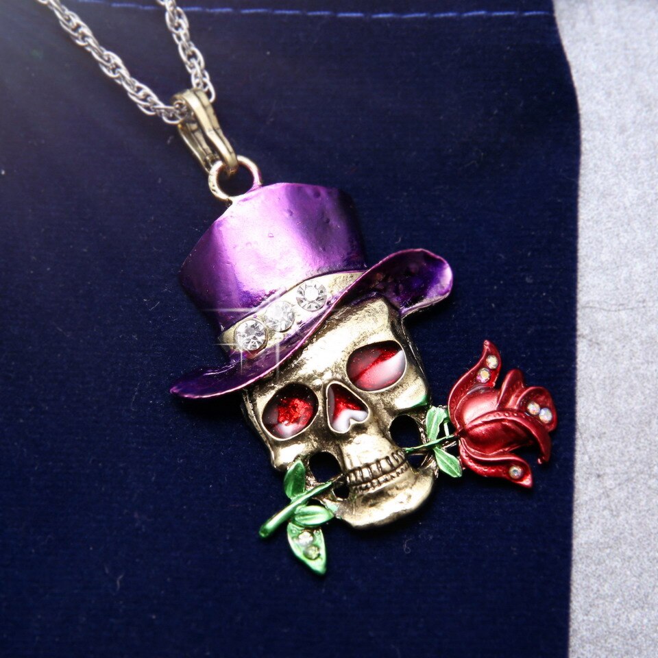 Retro Skull Head Rose Flower Pendant Necklace
