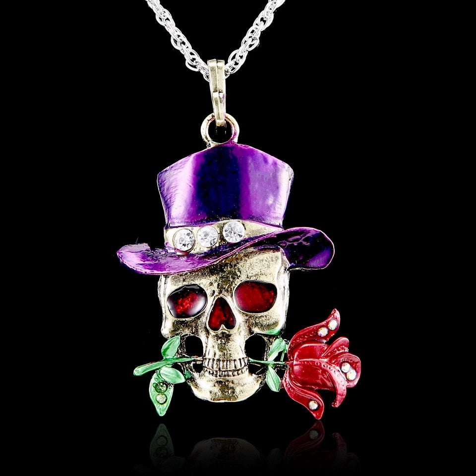 Retro Skull Head Rose Flower Pendant Necklace