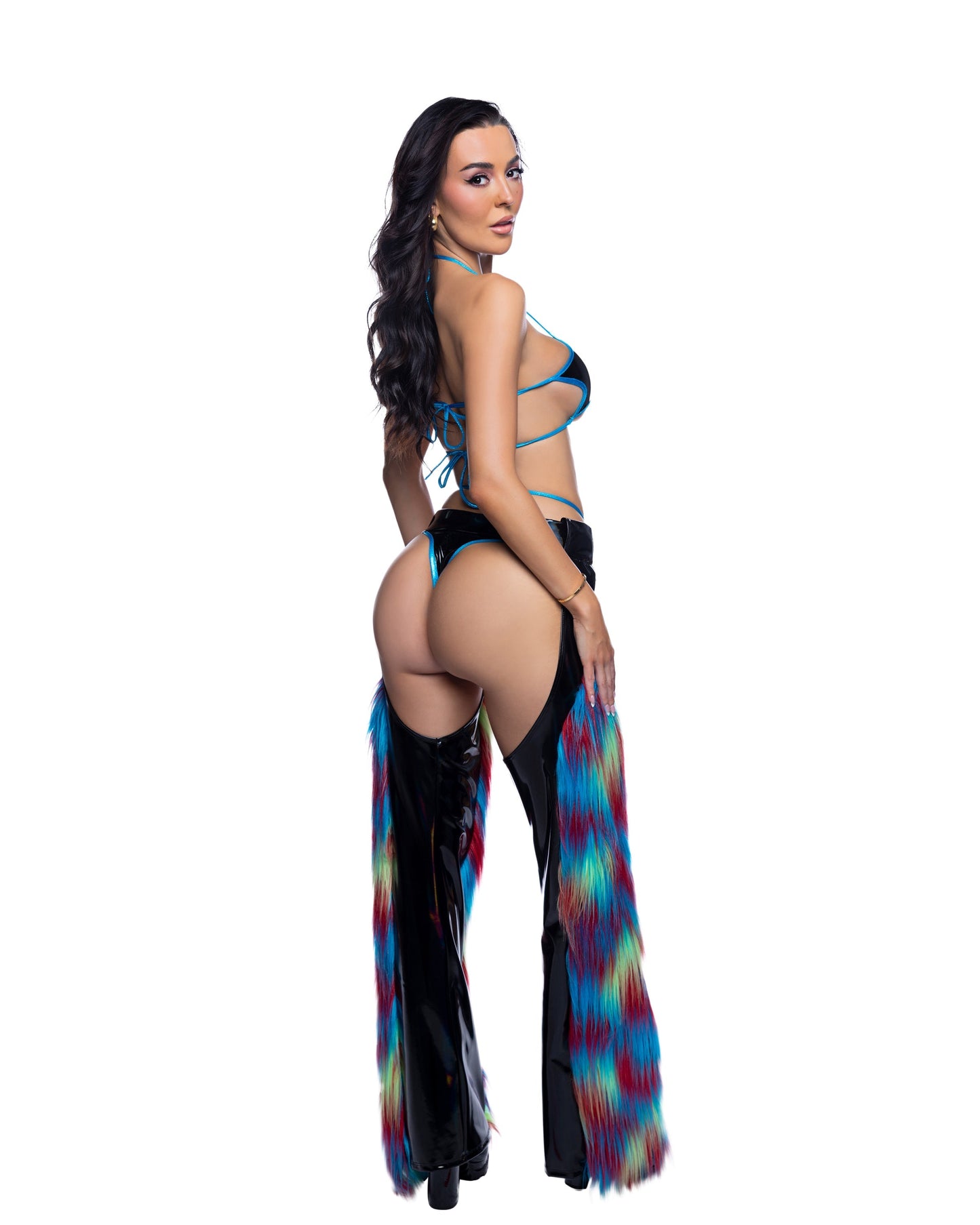 PVC & Rainbow Faux Fur Belted Festival Chaps