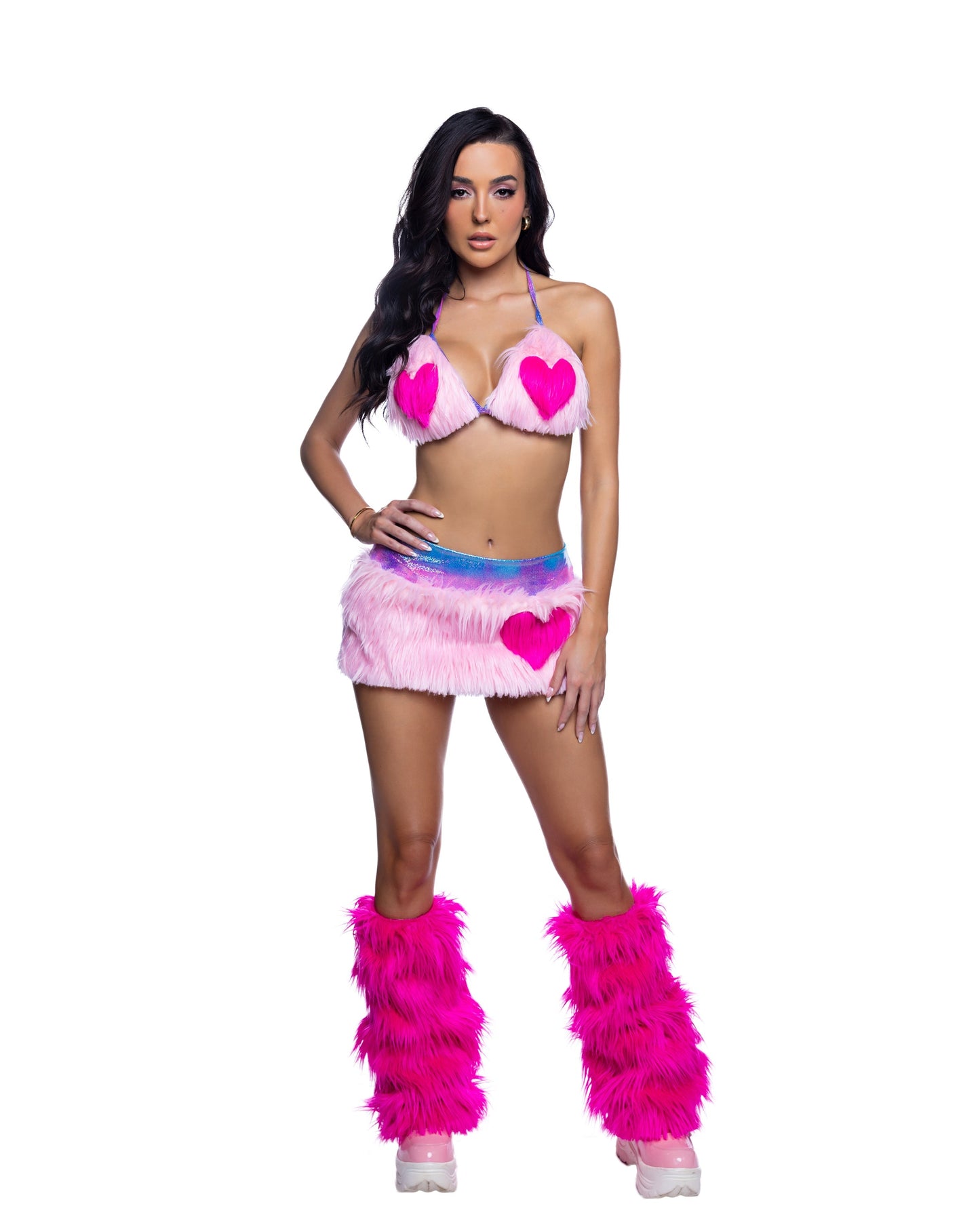 Faux Fur Heart Halter Top & Mini Skirt Rave Set