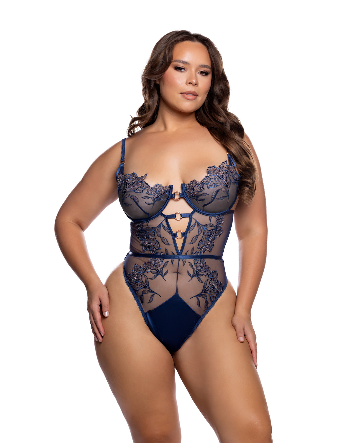 Astral Allure Navy & Rose Gold Metallic Lace Plunge Teddy with Underwire