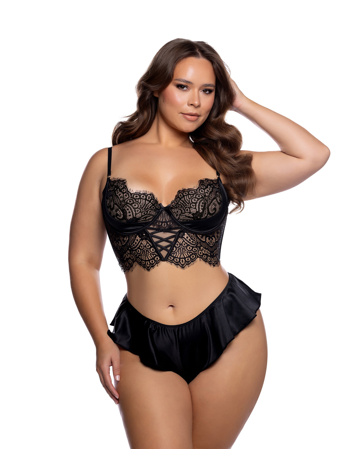 Haute Night Eyelash Lace Balconette Bra & Ruffle Brazilian Shorts Set